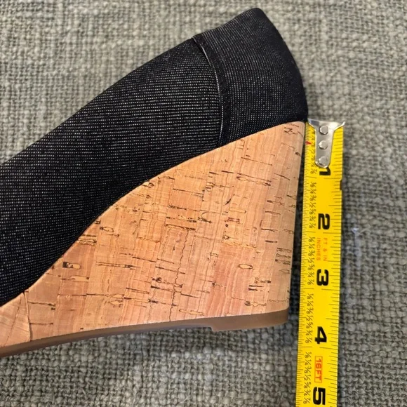 Toms Black Denim Stella Peep-Toe Cork Wedge Heels - Picture 12 of 13